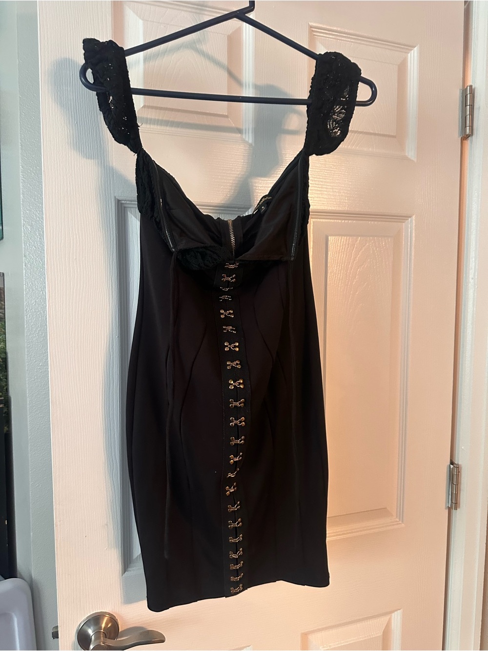 Black Lace-Trim Hook-Front Slip Dress